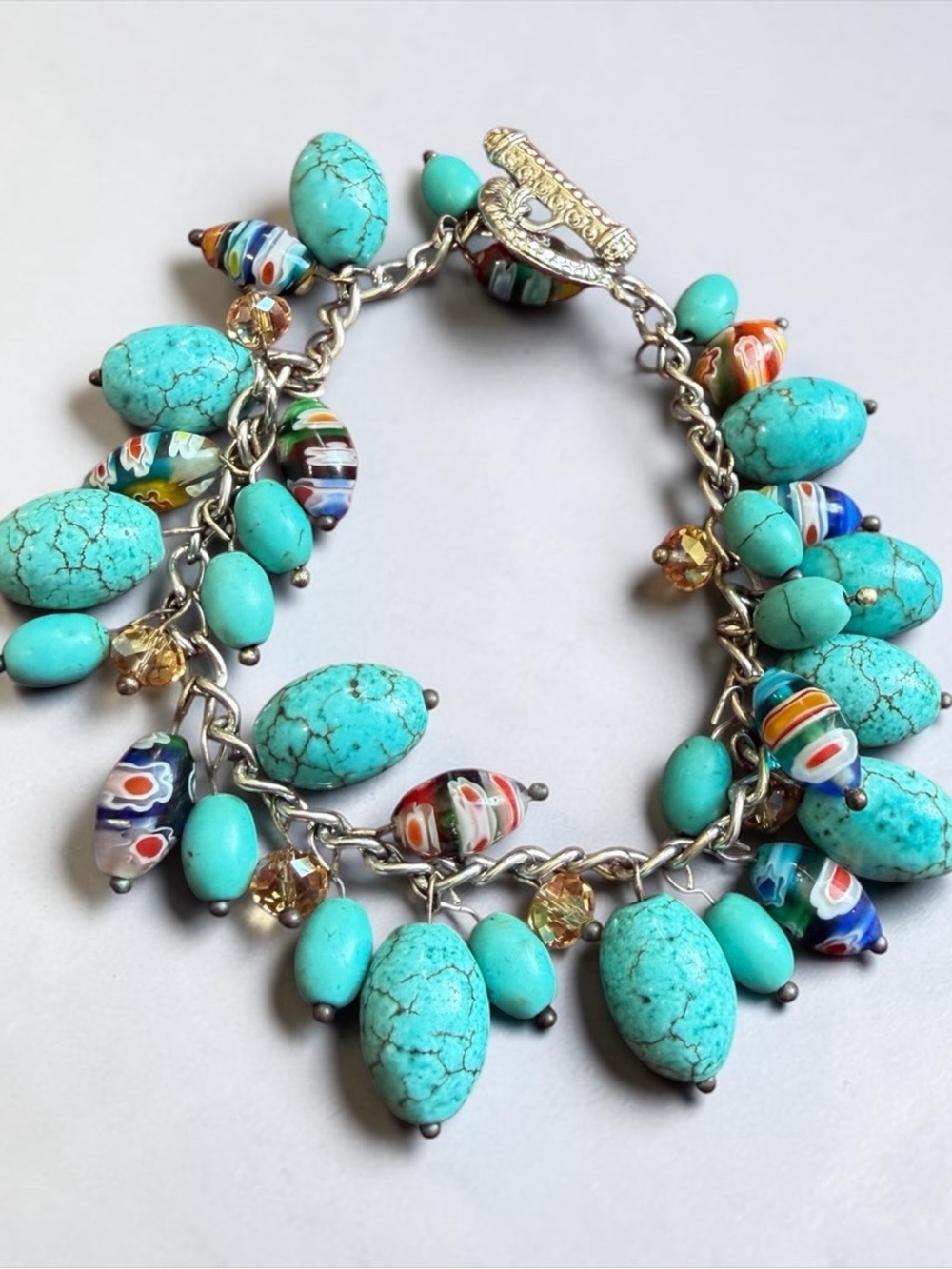 Turquoise Bead Charm Bracelet - Multi-Color Glass Accents